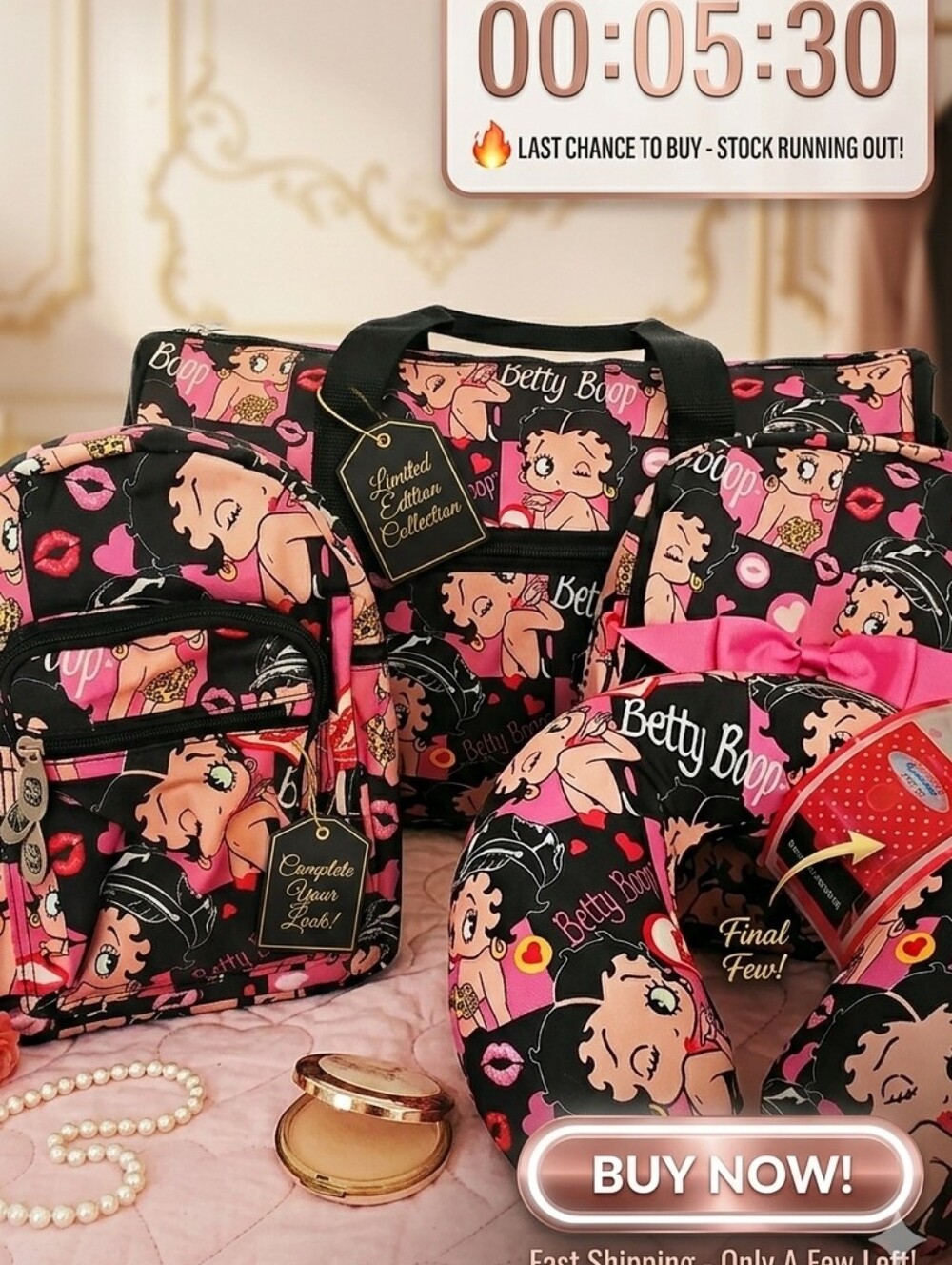 Betty Boop 4-Piece 1 Mini Backpack 1 Medium Backpack Duffle & Neck Pillow